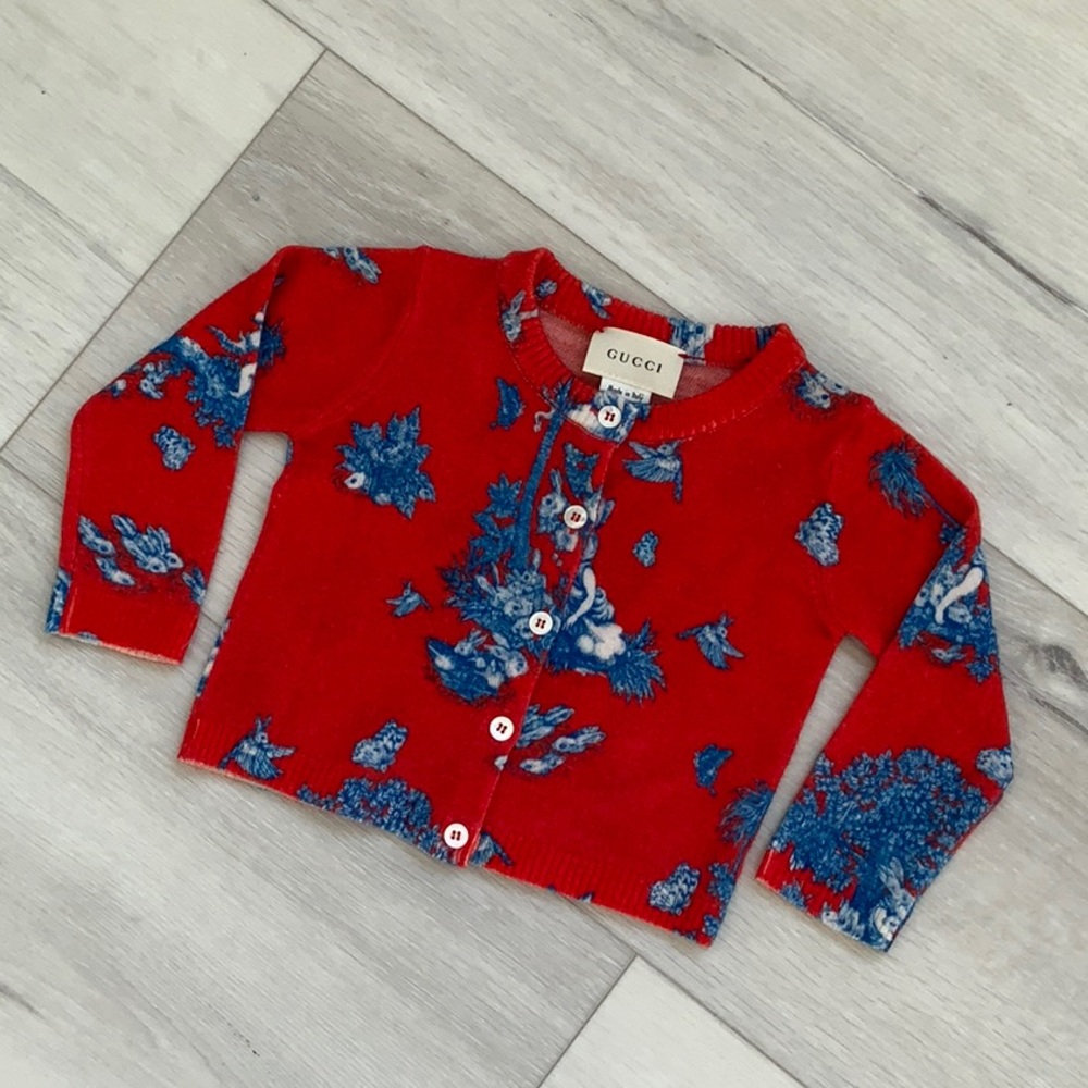 Gucci Red and Blue knit Cardigan size 3-6 months bunnies rabbits forest